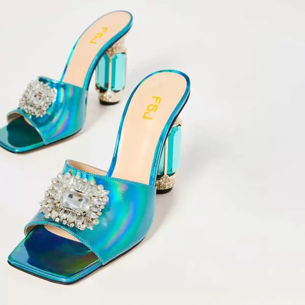 imageFSJ Women Luxury Square Crystal High Heel Sandals Mule Open Toe Rhinestone Block Heel Slip On Comfort Evening Party Dress Gem Slides Shoes Size 416 USTurquoise Laser