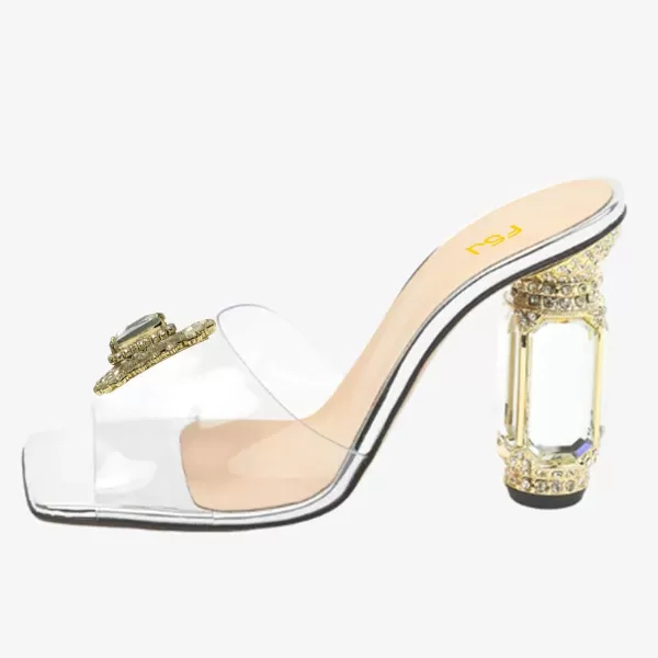 imageFSJ Women Luxury Square Crystal High Heel Sandals Mule Open Toe Rhinestone Block Heel Slip On Comfort Evening Party Dress Gem Slides Shoes Size 416 USClear