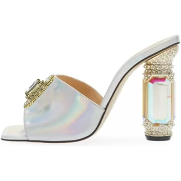 imageFSJ Women Luxury Square Crystal High Heel Sandals Mule Open Toe Rhinestone Block Heel Slip On Comfort Evening Party Dress Gem Slides Shoes Size 416 USSilver Laser