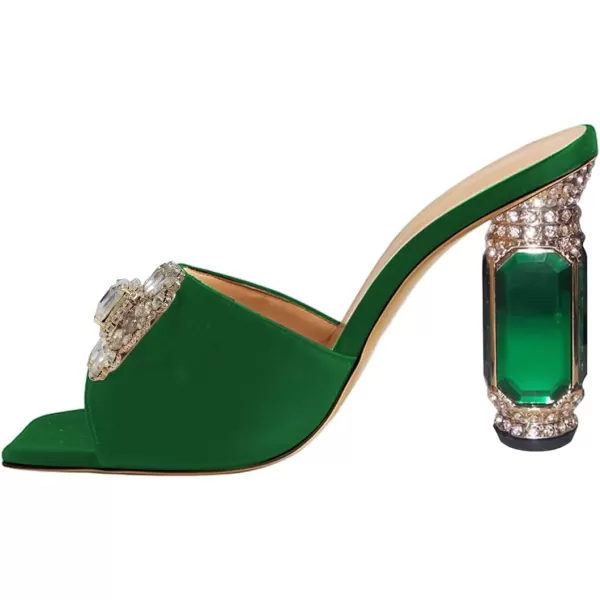 imageFSJ Women Luxury Square Crystal High Heel Sandals Mule Open Toe Rhinestone Block Heel Slip On Comfort Evening Party Dress Gem Slides Shoes Size 416 USGreen