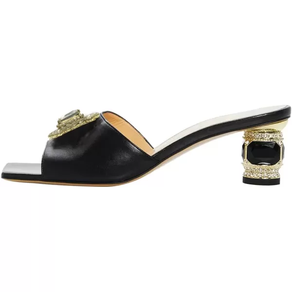 imageFSJ Women Luxury Square Crystal High Heel Sandals Mule Open Toe Rhinestone Block Heel Slip On Comfort Evening Party Dress Gem Slides Shoes Size 416 USBlack Leather Low Heel