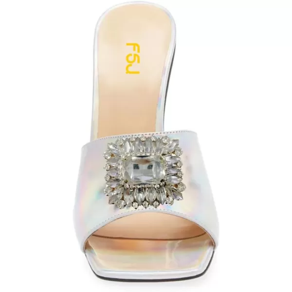 imageFSJ Women Luxury Square Crystal High Heel Sandals Mule Open Toe Rhinestone Block Heel Slip On Comfort Evening Party Dress Gem Slides Shoes Size 416 USSilver Laser