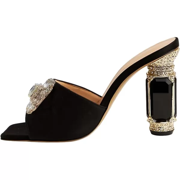 imageFSJ Women Luxury Square Crystal High Heel Sandals Mule Open Toe Rhinestone Block Heel Slip On Comfort Evening Party Dress Gem Slides Shoes Size 416 USBlack
