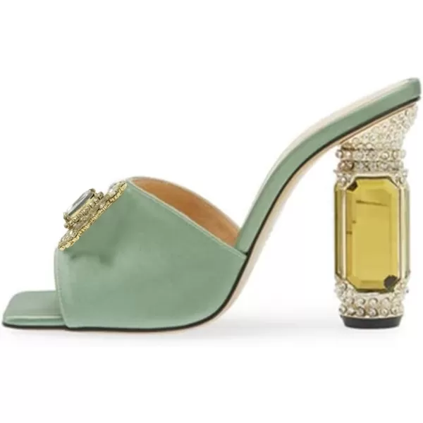 imageFSJ Women Luxury Square Crystal High Heel Sandals Mule Open Toe Rhinestone Block Heel Slip On Comfort Evening Party Dress Gem Slides Shoes Size 416 USLight Green