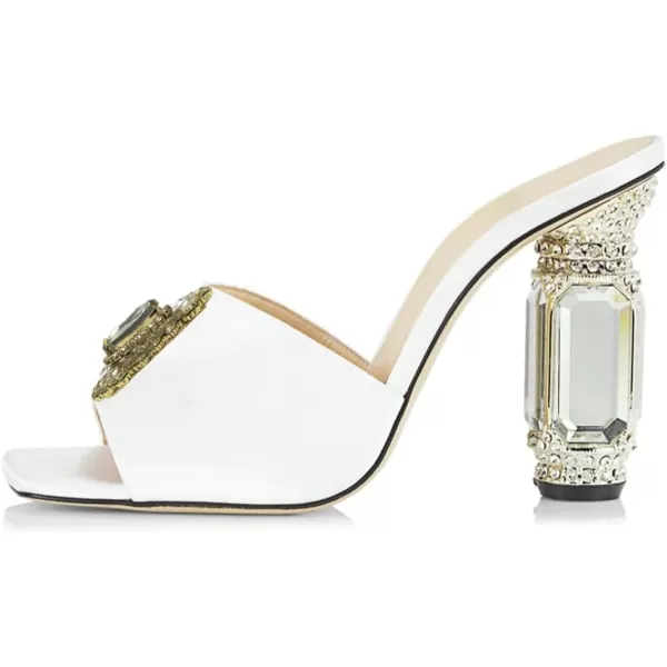 imageFSJ Women Luxury Square Crystal High Heel Sandals Mule Open Toe Rhinestone Block Heel Slip On Comfort Evening Party Dress Gem Slides Shoes Size 416 USWhite