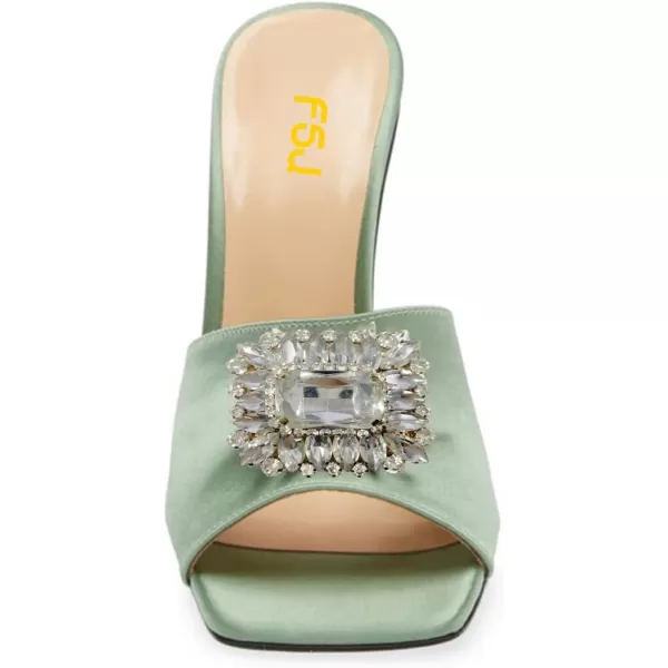 imageFSJ Women Luxury Square Crystal High Heel Sandals Mule Open Toe Rhinestone Block Heel Slip On Comfort Evening Party Dress Gem Slides Shoes Size 416 USLight Green
