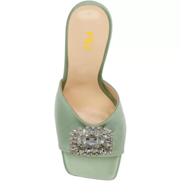 imageFSJ Women Luxury Square Crystal High Heel Sandals Mule Open Toe Rhinestone Block Heel Slip On Comfort Evening Party Dress Gem Slides Shoes Size 416 USLight Green