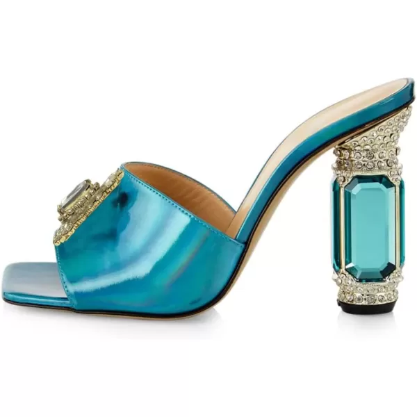 imageFSJ Women Luxury Square Crystal High Heel Sandals Mule Open Toe Rhinestone Block Heel Slip On Comfort Evening Party Dress Gem Slides Shoes Size 416 USTurquoise Laser
