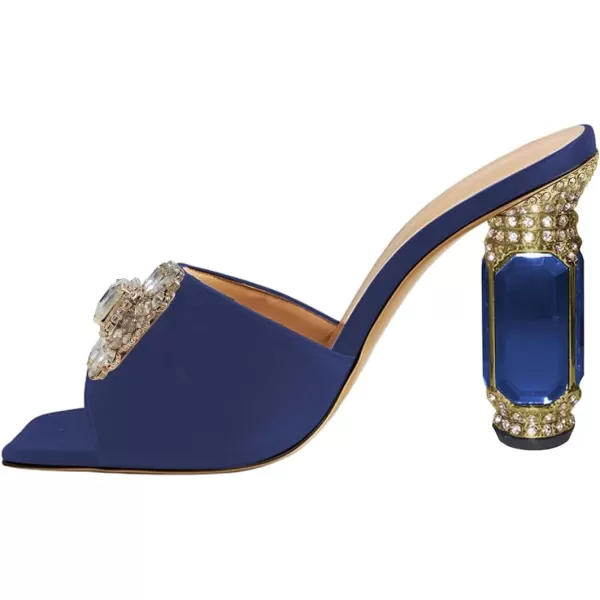 imageFSJ Women Luxury Square Crystal High Heel Sandals Mule Open Toe Rhinestone Block Heel Slip On Comfort Evening Party Dress Gem Slides Shoes Size 416 USBlue