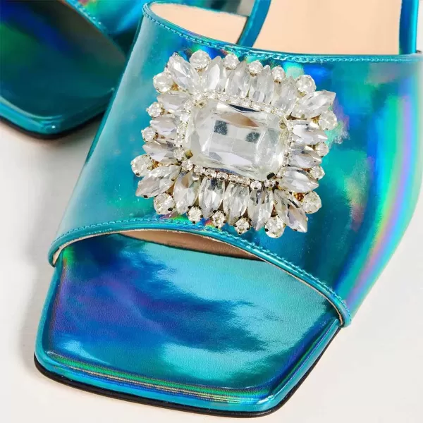 imageFSJ Women Luxury Square Crystal High Heel Sandals Mule Open Toe Rhinestone Block Heel Slip On Comfort Evening Party Dress Gem Slides Shoes Size 416 USTurquoise Laser