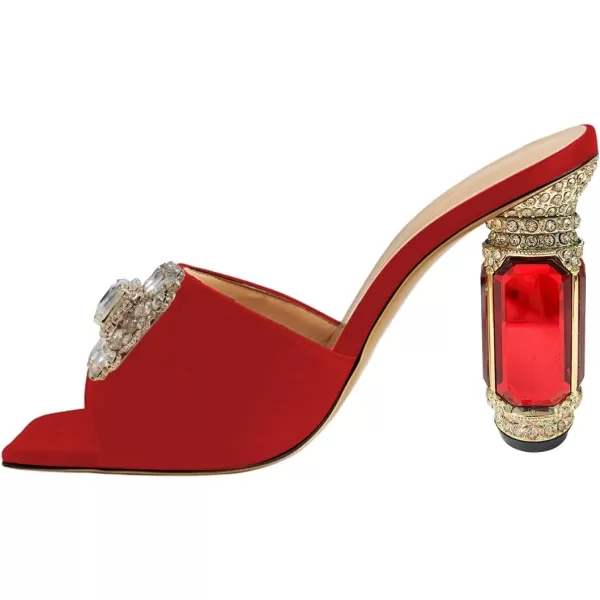 imageFSJ Women Luxury Square Crystal High Heel Sandals Mule Open Toe Rhinestone Block Heel Slip On Comfort Evening Party Dress Gem Slides Shoes Size 416 USRed