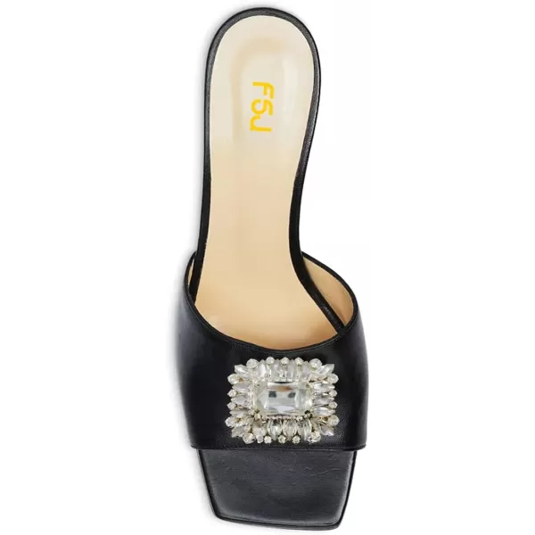 imageFSJ Women Luxury Square Crystal High Heel Sandals Mule Open Toe Rhinestone Block Heel Slip On Comfort Evening Party Dress Gem Slides Shoes Size 416 USBlack Leather Low Heel