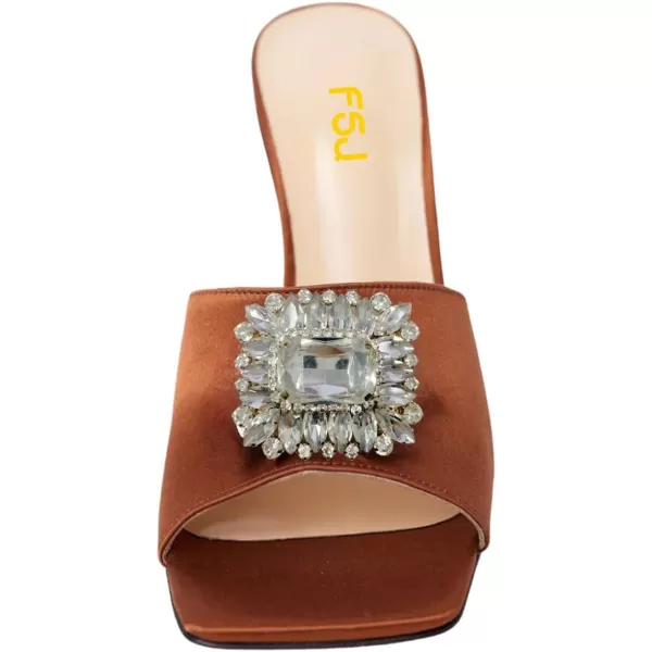imageFSJ Women Luxury Square Crystal High Heel Sandals Mule Open Toe Rhinestone Block Heel Slip On Comfort Evening Party Dress Gem Slides Shoes Size 416 USBrown