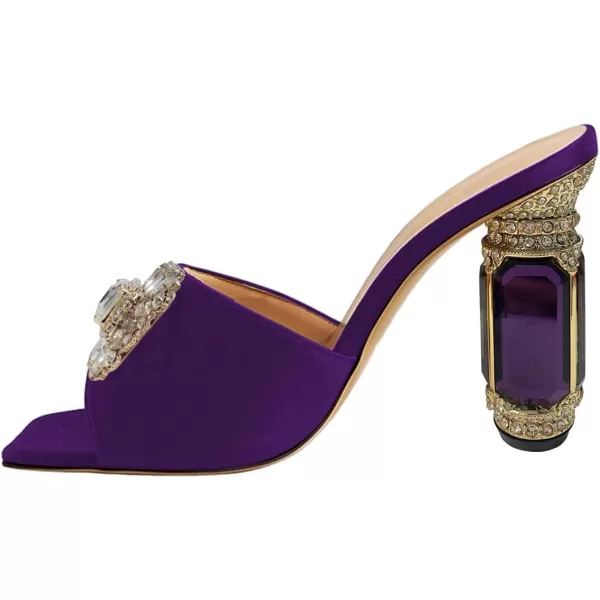 imageFSJ Women Luxury Square Crystal High Heel Sandals Mule Open Toe Rhinestone Block Heel Slip On Comfort Evening Party Dress Gem Slides Shoes Size 416 USPurple