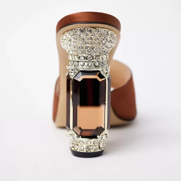 imageFSJ Women Luxury Square Crystal High Heel Sandals Mule Open Toe Rhinestone Block Heel Slip On Comfort Evening Party Dress Gem Slides Shoes Size 416 USBrown