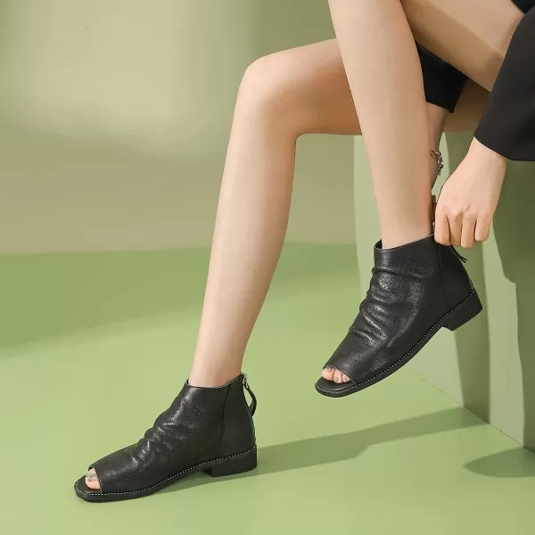imageFSJ Women Peep Open Toe Boots Slouchy Low Block Heel Ankle Booties Flats Sandal Ruched Cutout Zipper Comfort Dress Pump Shoes Size 415 USBlack