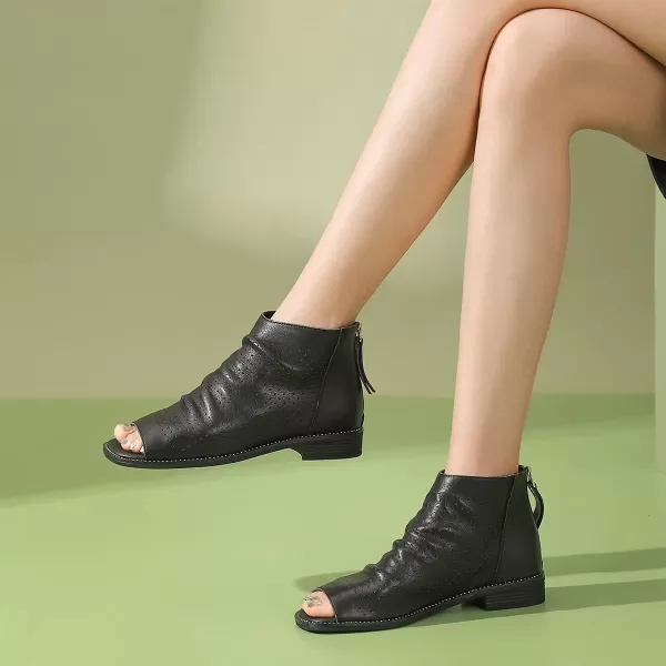 imageFSJ Women Peep Open Toe Boots Slouchy Low Block Heel Ankle Booties Flats Sandal Ruched Cutout Zipper Comfort Dress Pump Shoes Size 415 USBlack