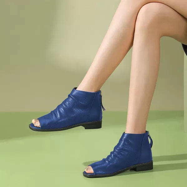 imageFSJ Women Peep Open Toe Boots Slouchy Low Block Heel Ankle Booties Flats Sandal Ruched Cutout Zipper Comfort Dress Pump Shoes Size 415 USBlue