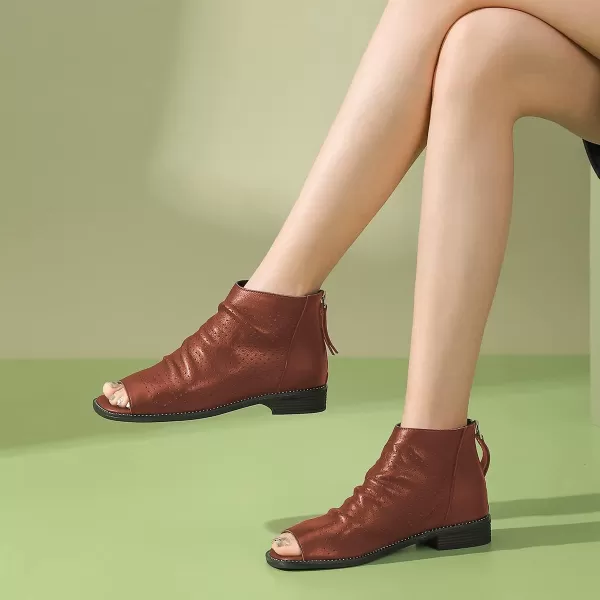 imageFSJ Women Peep Open Toe Boots Slouchy Low Block Heel Ankle Booties Flats Sandal Ruched Cutout Zipper Comfort Dress Pump Shoes Size 415 USBrown
