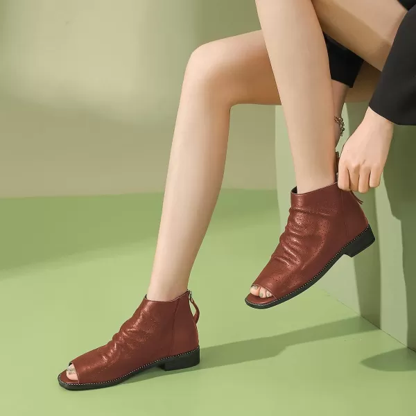 imageFSJ Women Peep Open Toe Boots Slouchy Low Block Heel Ankle Booties Flats Sandal Ruched Cutout Zipper Comfort Dress Pump Shoes Size 415 USBrown