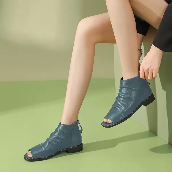 imageFSJ Women Peep Open Toe Boots Slouchy Low Block Heel Ankle Booties Flats Sandal Ruched Cutout Zipper Comfort Dress Pump Shoes Size 415 USCyan