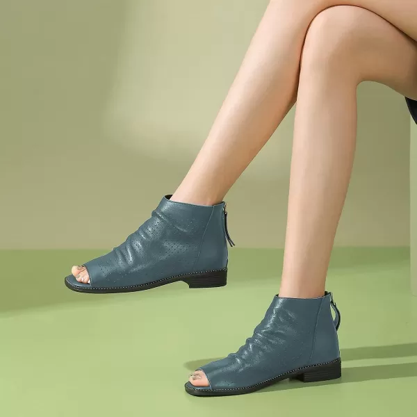 imageFSJ Women Peep Open Toe Boots Slouchy Low Block Heel Ankle Booties Flats Sandal Ruched Cutout Zipper Comfort Dress Pump Shoes Size 415 USCyan