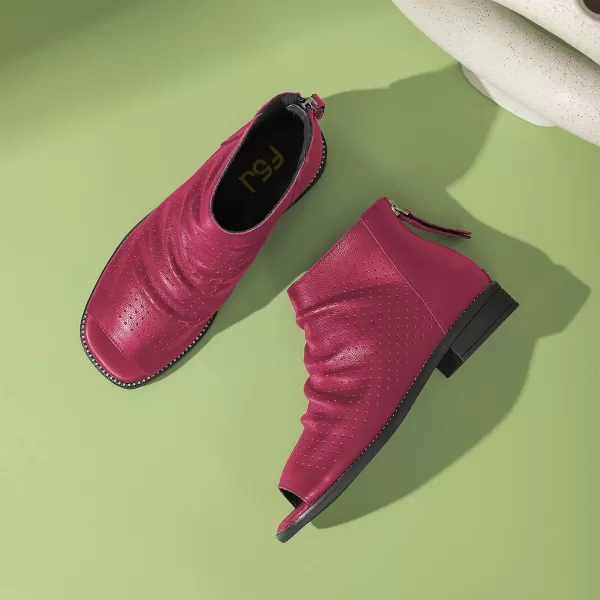 imageFSJ Women Peep Open Toe Boots Slouchy Low Block Heel Ankle Booties Flats Sandal Ruched Cutout Zipper Comfort Dress Pump Shoes Size 415 USFuchsia