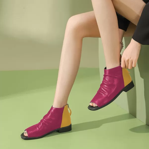 imageFSJ Women Peep Open Toe Boots Slouchy Low Block Heel Ankle Booties Flats Sandal Ruched Cutout Zipper Comfort Dress Pump Shoes Size 415 USFuchsiayellow