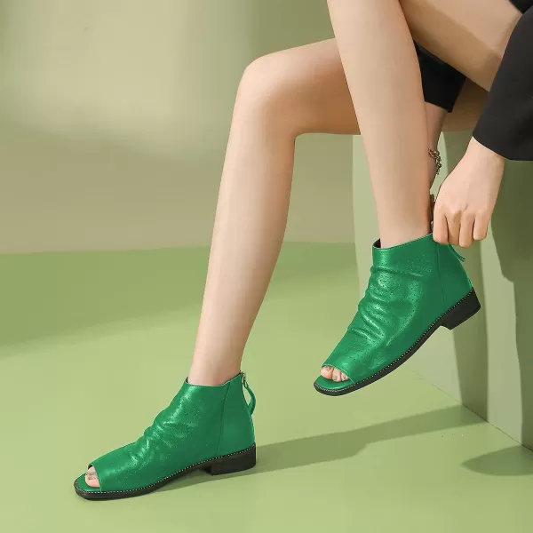 imageFSJ Women Peep Open Toe Boots Slouchy Low Block Heel Ankle Booties Flats Sandal Ruched Cutout Zipper Comfort Dress Pump Shoes Size 415 USGreen