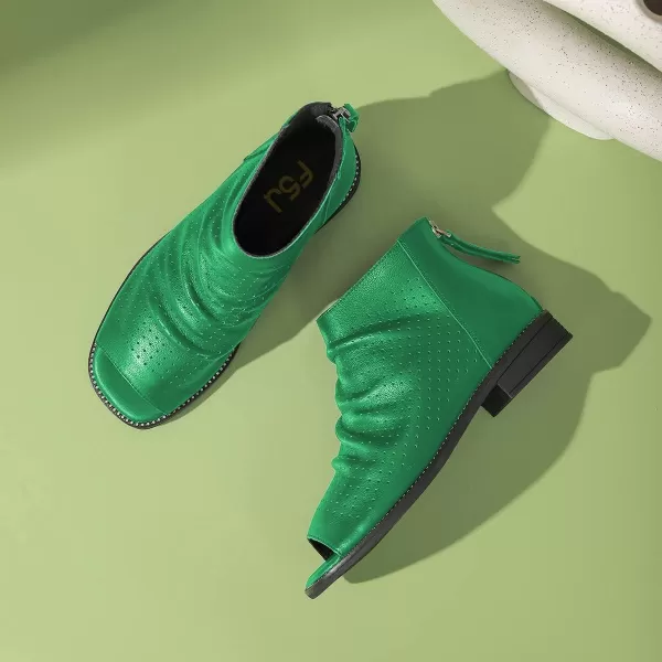 imageFSJ Women Peep Open Toe Boots Slouchy Low Block Heel Ankle Booties Flats Sandal Ruched Cutout Zipper Comfort Dress Pump Shoes Size 415 USGreen