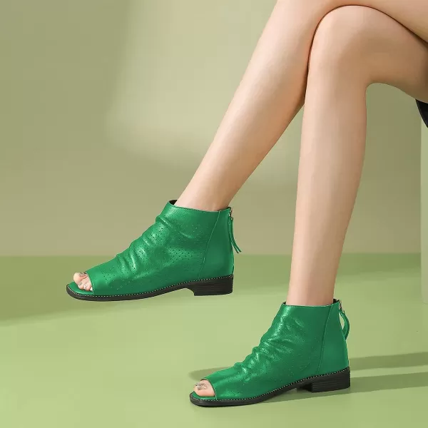imageFSJ Women Peep Open Toe Boots Slouchy Low Block Heel Ankle Booties Flats Sandal Ruched Cutout Zipper Comfort Dress Pump Shoes Size 415 USGreen