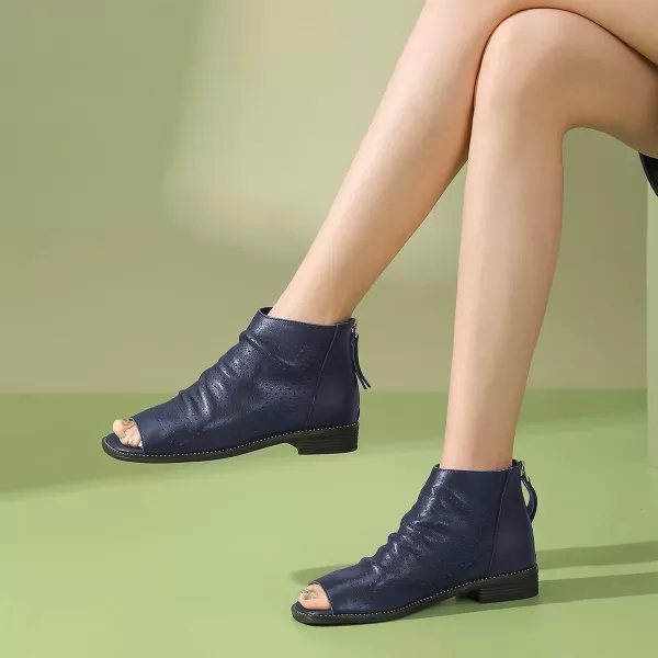 imageFSJ Women Peep Open Toe Boots Slouchy Low Block Heel Ankle Booties Flats Sandal Ruched Cutout Zipper Comfort Dress Pump Shoes Size 415 USNavy