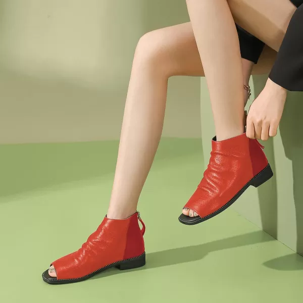 imageFSJ Women Peep Open Toe Boots Slouchy Low Block Heel Ankle Booties Flats Sandal Ruched Cutout Zipper Comfort Dress Pump Shoes Size 415 USOrangered
