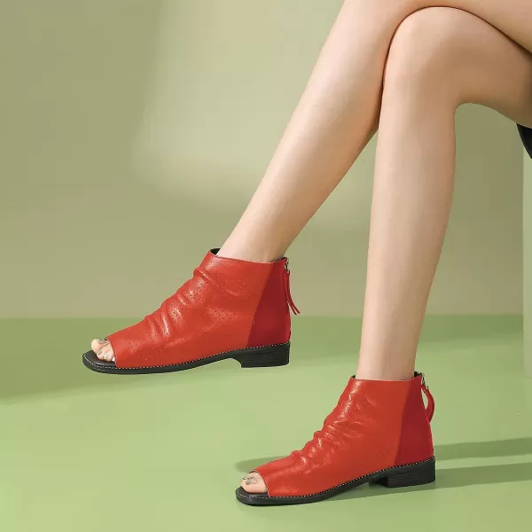 imageFSJ Women Peep Open Toe Boots Slouchy Low Block Heel Ankle Booties Flats Sandal Ruched Cutout Zipper Comfort Dress Pump Shoes Size 415 USOrangered
