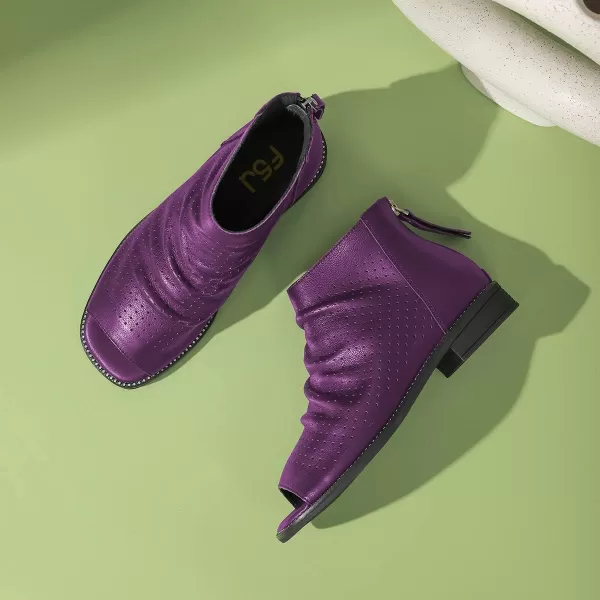 imageFSJ Women Peep Open Toe Boots Slouchy Low Block Heel Ankle Booties Flats Sandal Ruched Cutout Zipper Comfort Dress Pump Shoes Size 415 USPurple