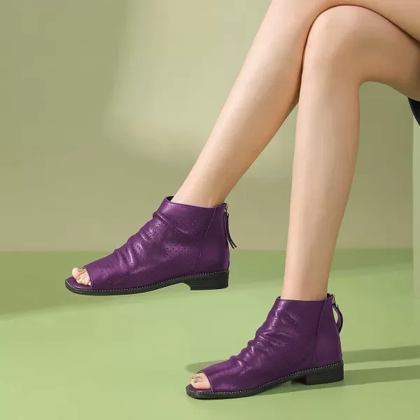 imageFSJ Women Peep Open Toe Boots Slouchy Low Block Heel Ankle Booties Flats Sandal Ruched Cutout Zipper Comfort Dress Pump Shoes Size 415 USPurple