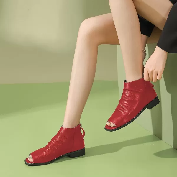 imageFSJ Women Peep Open Toe Boots Slouchy Low Block Heel Ankle Booties Flats Sandal Ruched Cutout Zipper Comfort Dress Pump Shoes Size 415 USRed