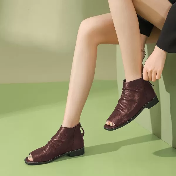 imageFSJ Women Peep Open Toe Boots Slouchy Low Block Heel Ankle Booties Flats Sandal Ruched Cutout Zipper Comfort Dress Pump Shoes Size 415 USSaddlebrown