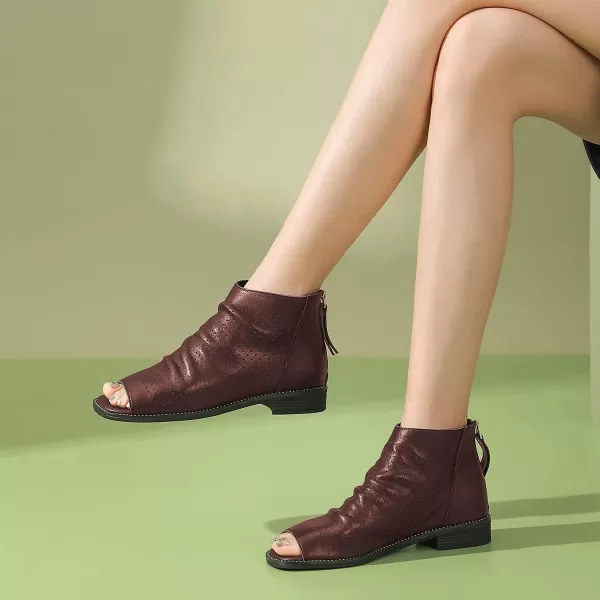 imageFSJ Women Peep Open Toe Boots Slouchy Low Block Heel Ankle Booties Flats Sandal Ruched Cutout Zipper Comfort Dress Pump Shoes Size 415 USSaddlebrown