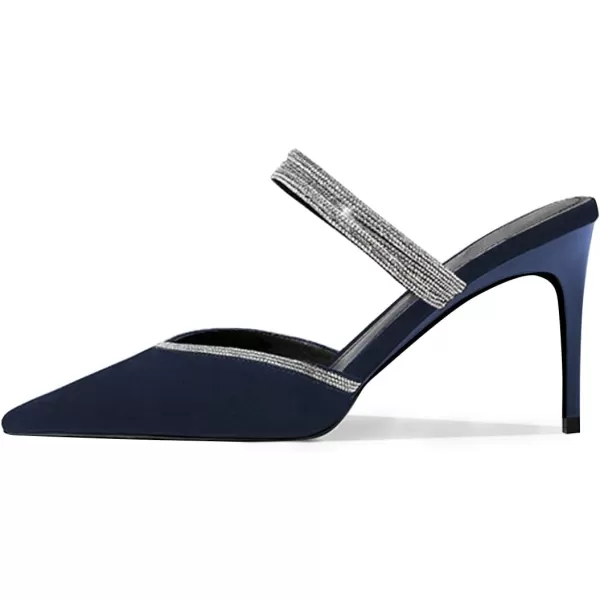 imageFSJ Women Sexy Closed Pointed Toe Sandals Stiletto Heels Rhinestones Strap High Heels Faux Suede Slip on Slingback Mules Ladies Dress Shoes Size 415 USNavy