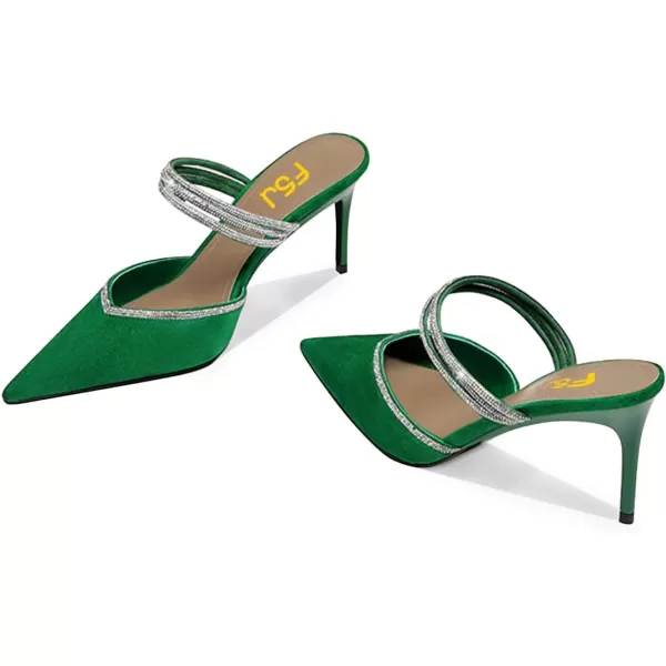 imageFSJ Women Sexy Closed Pointed Toe Sandals Stiletto Heels Rhinestones Strap High Heels Faux Suede Slip on Slingback Mules Ladies Dress Shoes Size 415 USGreen