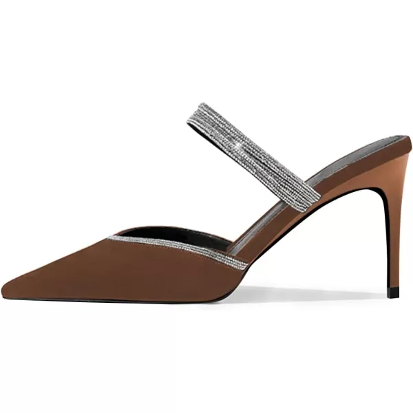 imageFSJ Women Sexy Closed Pointed Toe Sandals Stiletto Heels Rhinestones Strap High Heels Faux Suede Slip on Slingback Mules Ladies Dress Shoes Size 415 USBrown