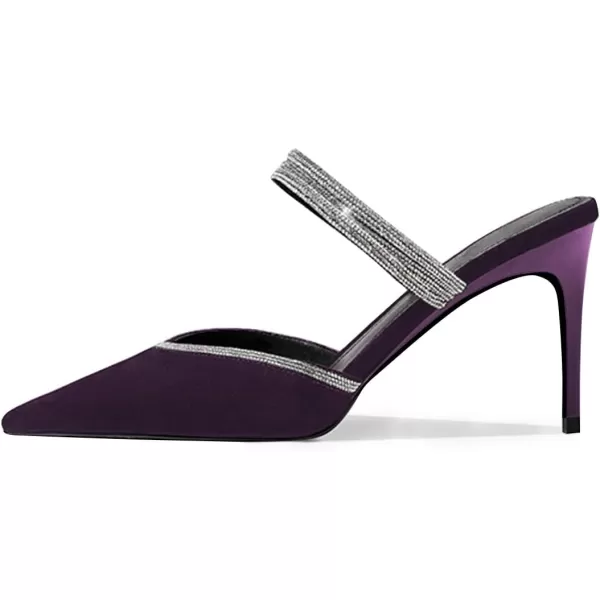 imageFSJ Women Sexy Closed Pointed Toe Sandals Stiletto Heels Rhinestones Strap High Heels Faux Suede Slip on Slingback Mules Ladies Dress Shoes Size 415 USPurple