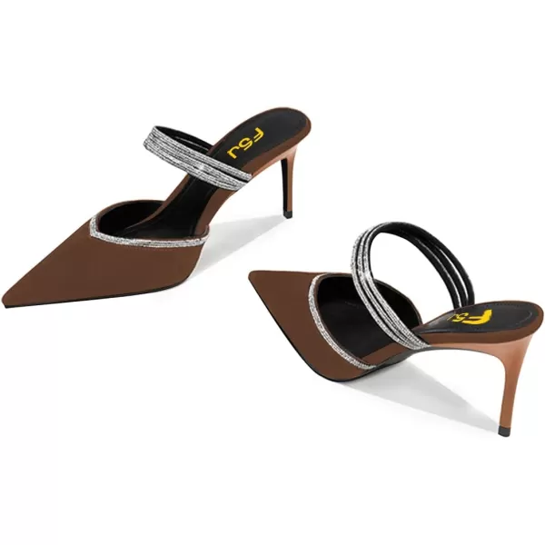 imageFSJ Women Sexy Closed Pointed Toe Sandals Stiletto Heels Rhinestones Strap High Heels Faux Suede Slip on Slingback Mules Ladies Dress Shoes Size 415 USBrown
