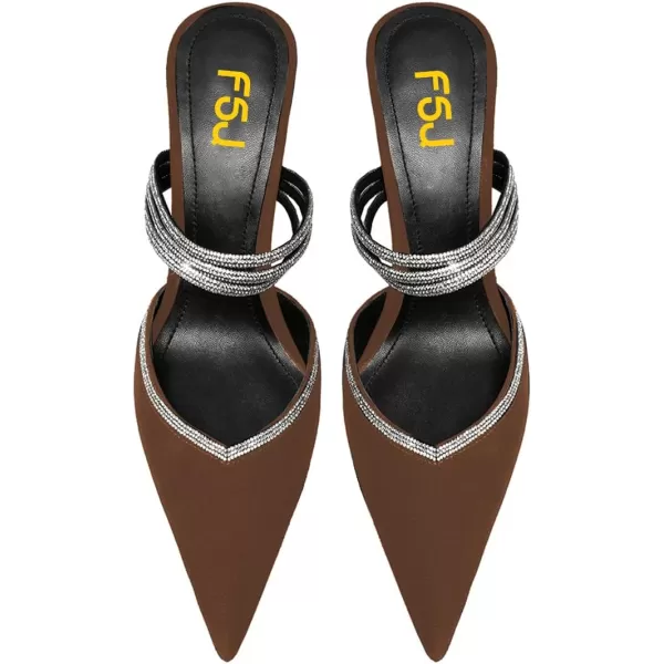 imageFSJ Women Sexy Closed Pointed Toe Sandals Stiletto Heels Rhinestones Strap High Heels Faux Suede Slip on Slingback Mules Ladies Dress Shoes Size 415 USBrown