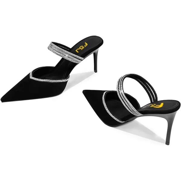 imageFSJ Women Sexy Closed Pointed Toe Sandals Stiletto Heels Rhinestones Strap High Heels Faux Suede Slip on Slingback Mules Ladies Dress Shoes Size 415 USBlack