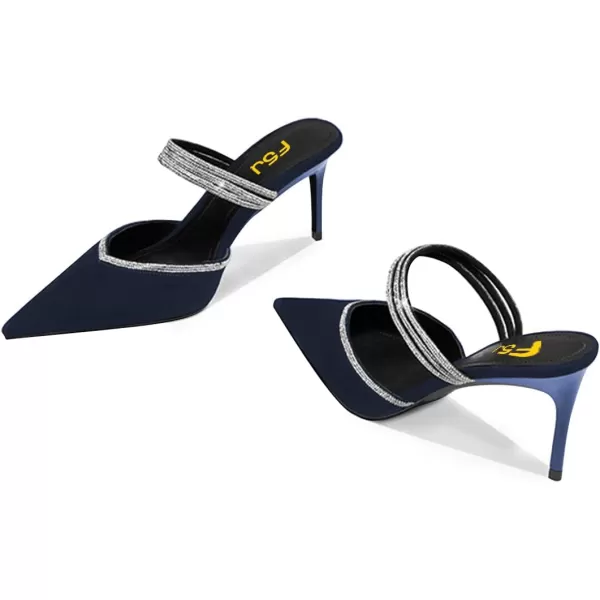 imageFSJ Women Sexy Closed Pointed Toe Sandals Stiletto Heels Rhinestones Strap High Heels Faux Suede Slip on Slingback Mules Ladies Dress Shoes Size 415 USNavy
