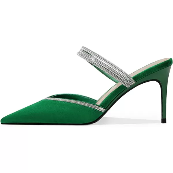 imageFSJ Women Sexy Closed Pointed Toe Sandals Stiletto Heels Rhinestones Strap High Heels Faux Suede Slip on Slingback Mules Ladies Dress Shoes Size 415 USGreen