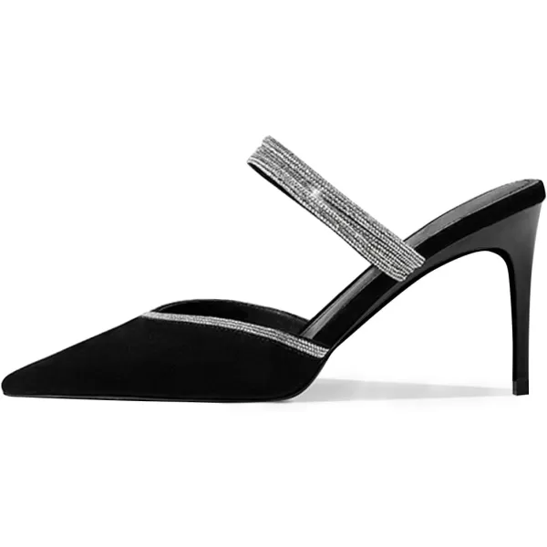 imageFSJ Women Sexy Closed Pointed Toe Sandals Stiletto Heels Rhinestones Strap High Heels Faux Suede Slip on Slingback Mules Ladies Dress Shoes Size 415 USBlack