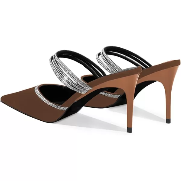 imageFSJ Women Sexy Closed Pointed Toe Sandals Stiletto Heels Rhinestones Strap High Heels Faux Suede Slip on Slingback Mules Ladies Dress Shoes Size 415 USBrown